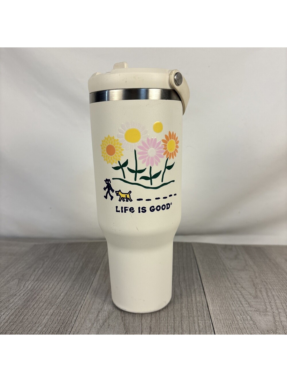 Life Is Good Floral Daisies & Dog Cream Travel Tumbler with Swing Handle
